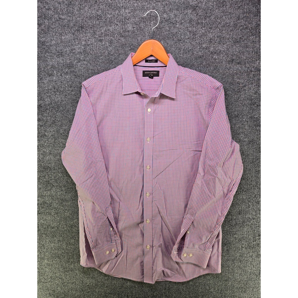 Banana Republic Mens Slim Fit Non-Iron Gingham Dress Shirt Red Blue White L 16.5